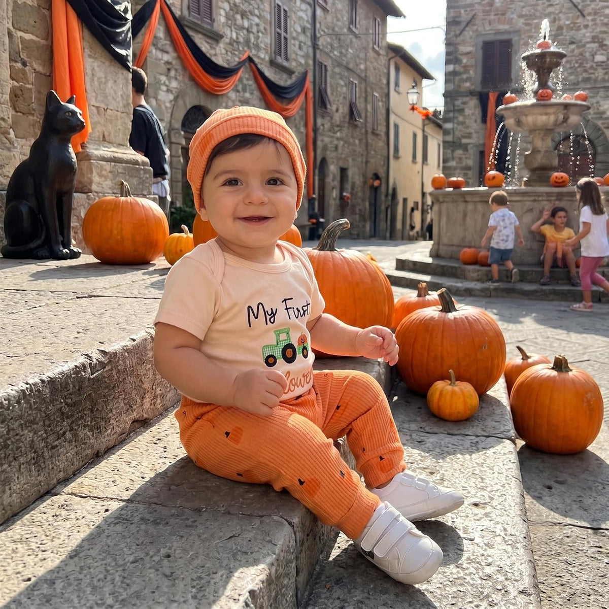 My First Halloween Baby Boy Outfit Short Sleeve Romper + Pumpkin Patch Pants + Hat Newborn Fall Clothes