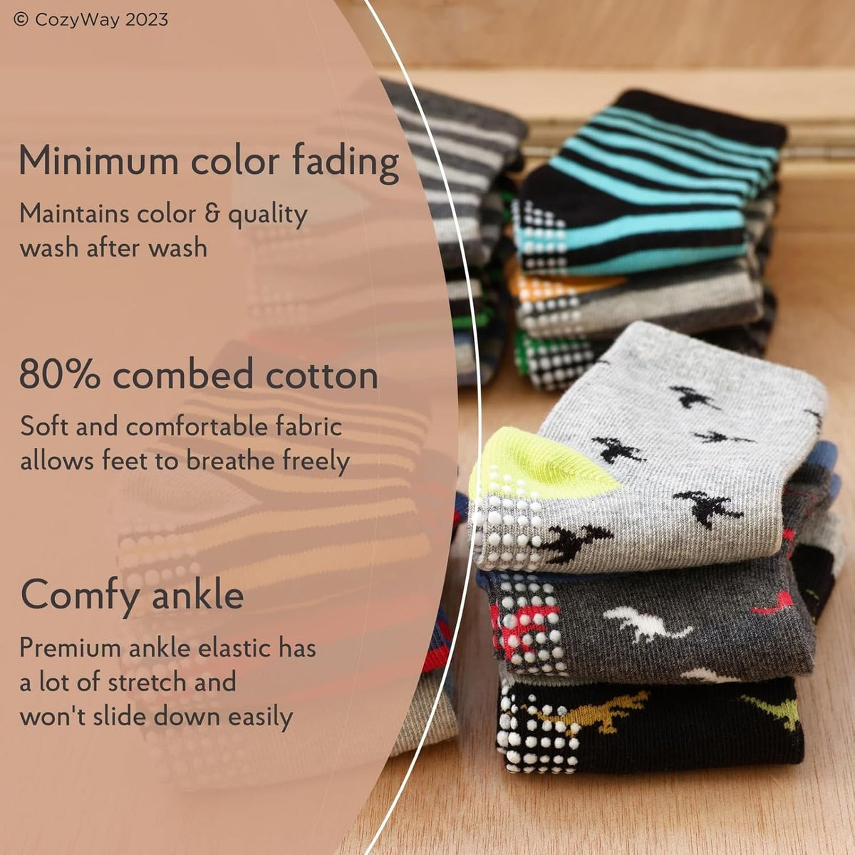 Non-Slip Ankle Grip Socks for Infants and Toddlers - Soft Cotton, 6-Pack