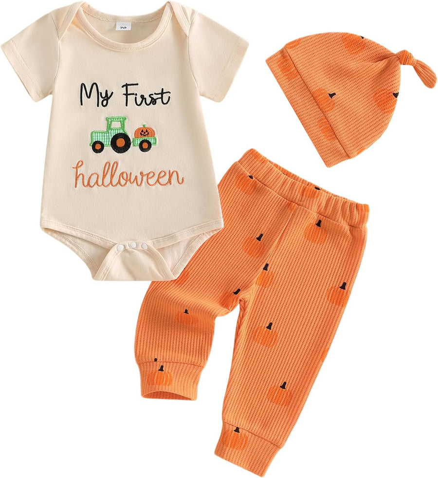 My First Halloween Baby Boy Outfit Short Sleeve Romper + Pumpkin Patch Pants + Hat Newborn Fall Clothes