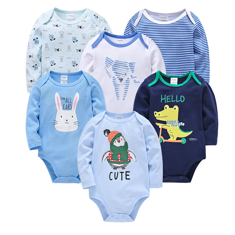 6-Piece Set of Long Sleeve 100% Cotton Bodysuits for Infants Aged 0-12 Months