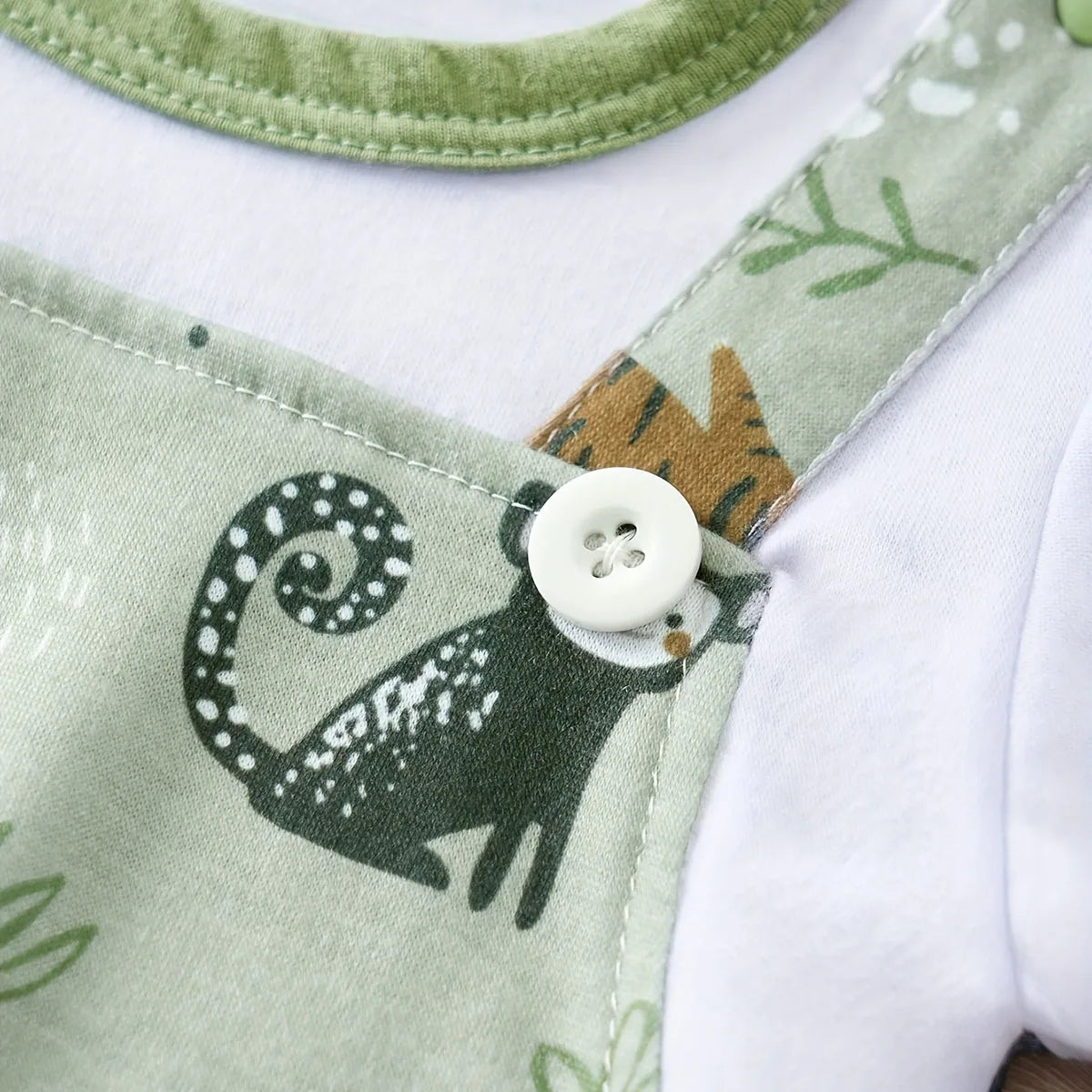 Adorable Infant Zoo Animal Print Romper for Boys - Stylish Newborn Faux Two-Piece Bodysuit with Short Sleeves for Playtime Fun
