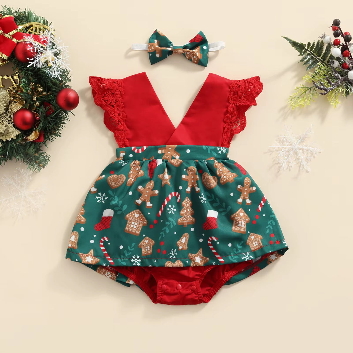 0-18M 1St Christmas Newborn Infant Baby Girls Romper Lace V Neck Jumpsuit Princess Baby Girl Xmas Clothing Costume D84
