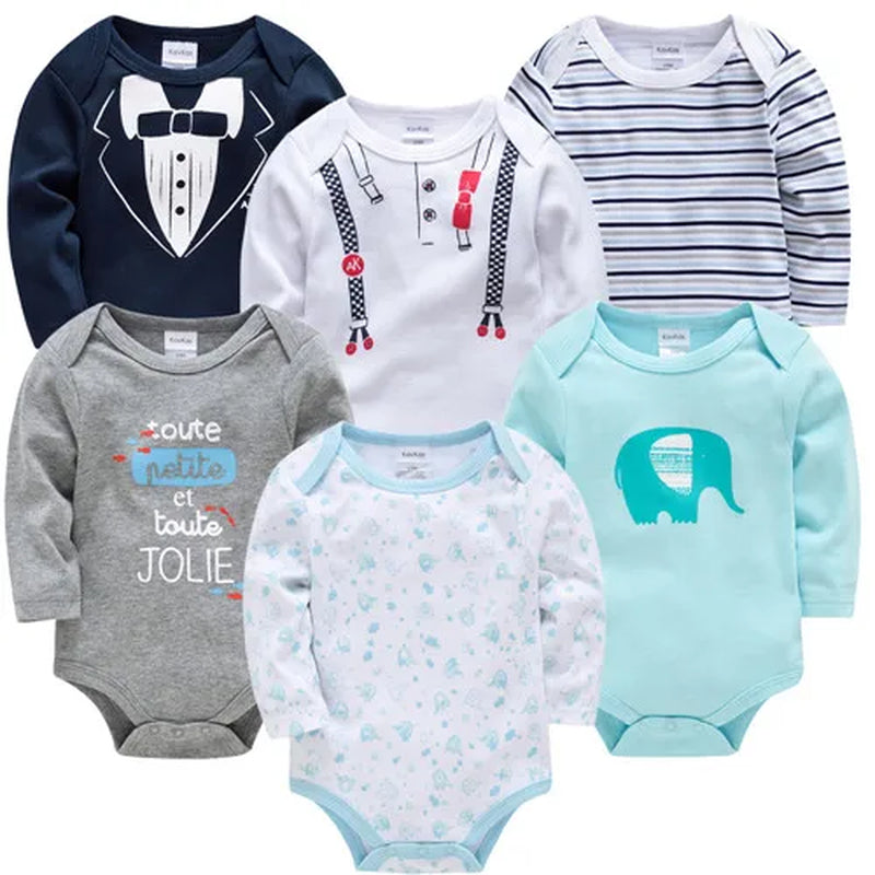 6-Piece Set of Long Sleeve 100% Cotton Bodysuits for Infants Aged 0-12 Months