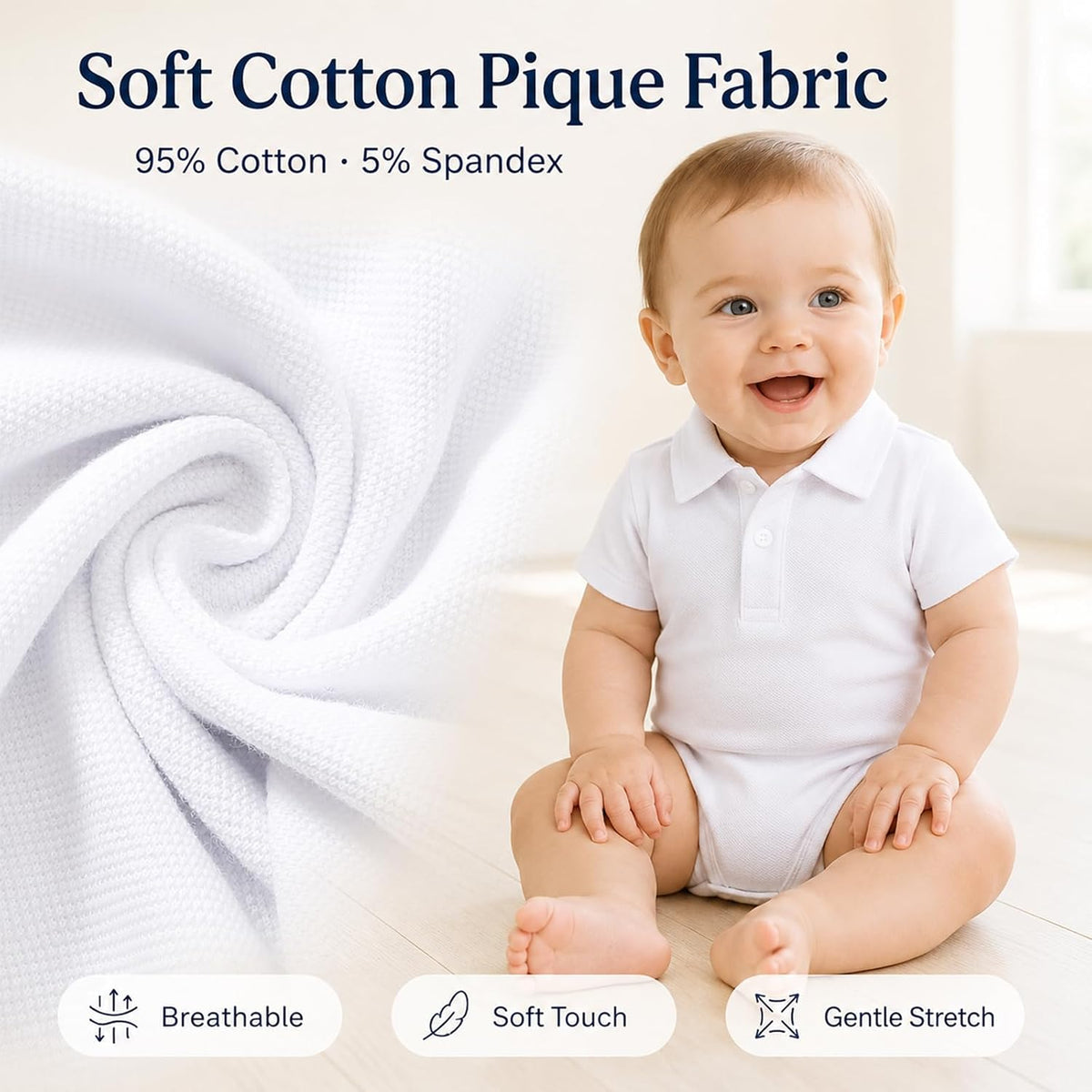 Baby Boy Polo Bodysuit, Cotton Pique One-Piece, 0-24M
