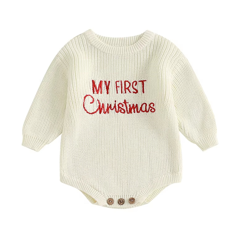0-18M Newborn Baby Girl Boy Christmas Sweater Romper Letter Embroidery Long Sleeve Crew Neck Knit Bubble Jumpsuit