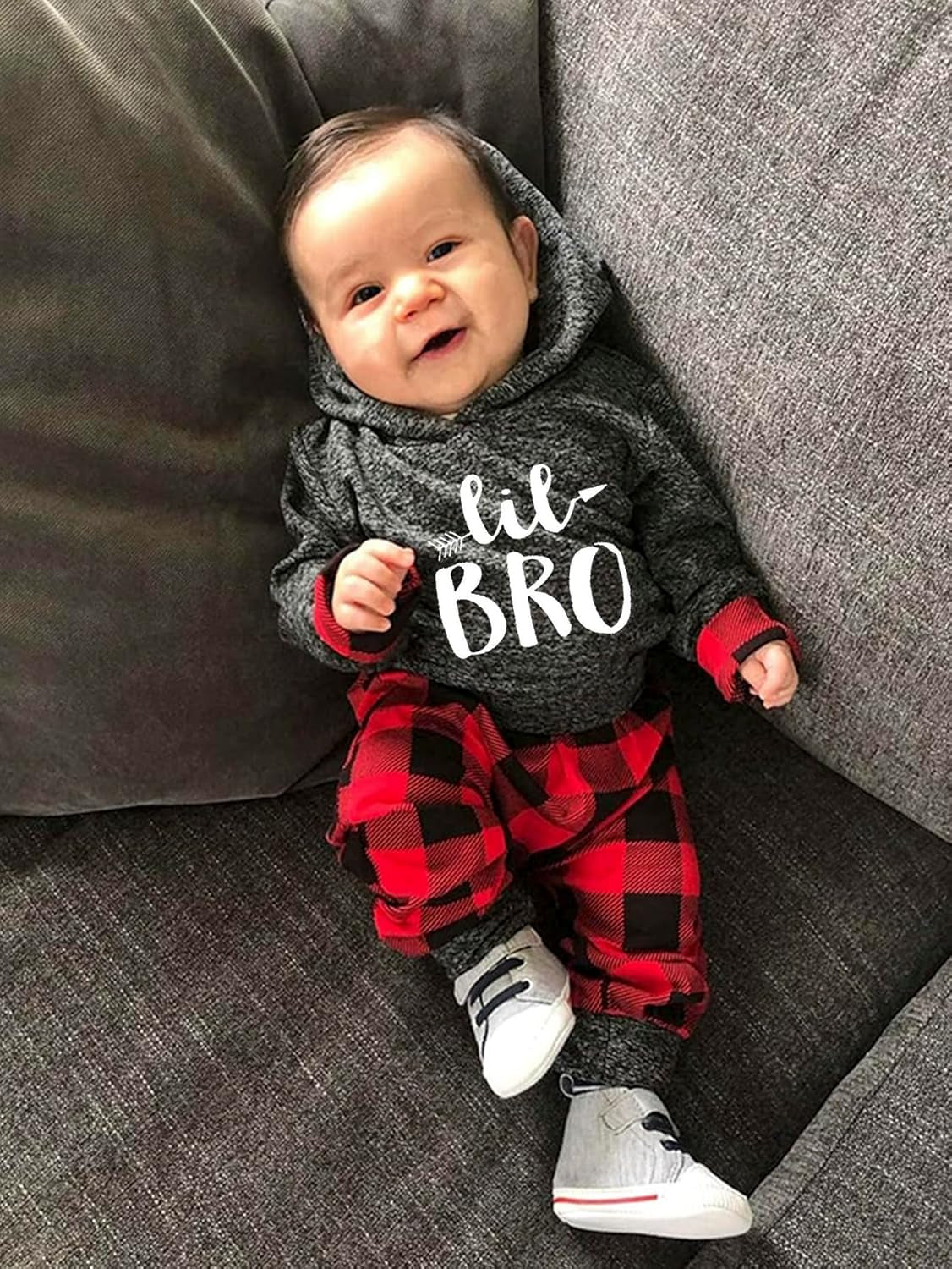 Adorable Newborn Baby Boy Plaid Hoodie & Pants Set - Cozy 2PCS Fall/Winter Outfit
