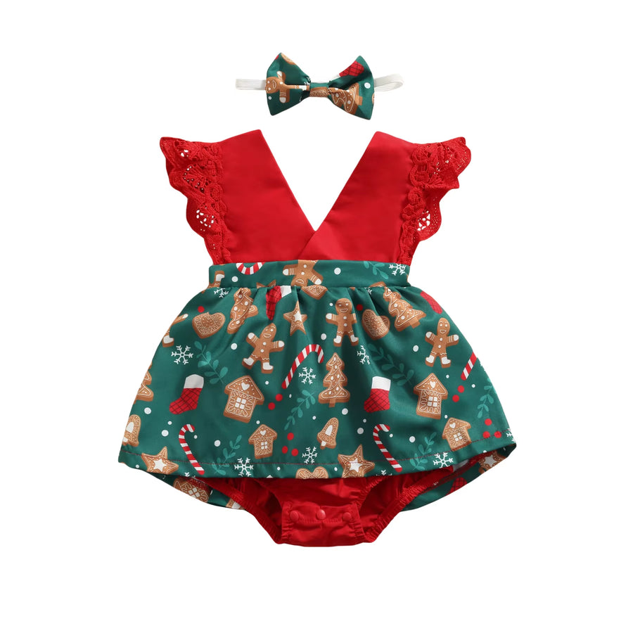 0-18M 1St Christmas Newborn Infant Baby Girls Romper Lace V Neck Jumpsuit Princess Baby Girl Xmas Clothing Costume D84