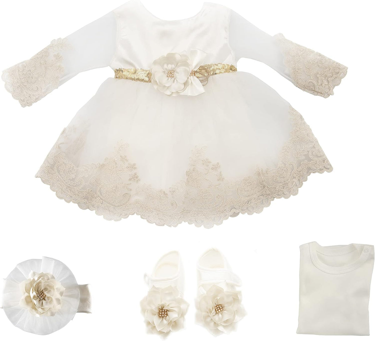 Adorable Newborn Baby Girl Lace Dress Set - 4-Piece Outfit for Special Occasions with Gift Box (0 Months, White & Gold)