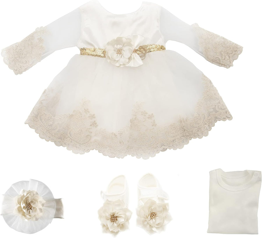 Adorable Newborn Baby Girl Lace Dress Set - 4-Piece Outfit for Special Occasions with Gift Box (0 Months, White & Gold)