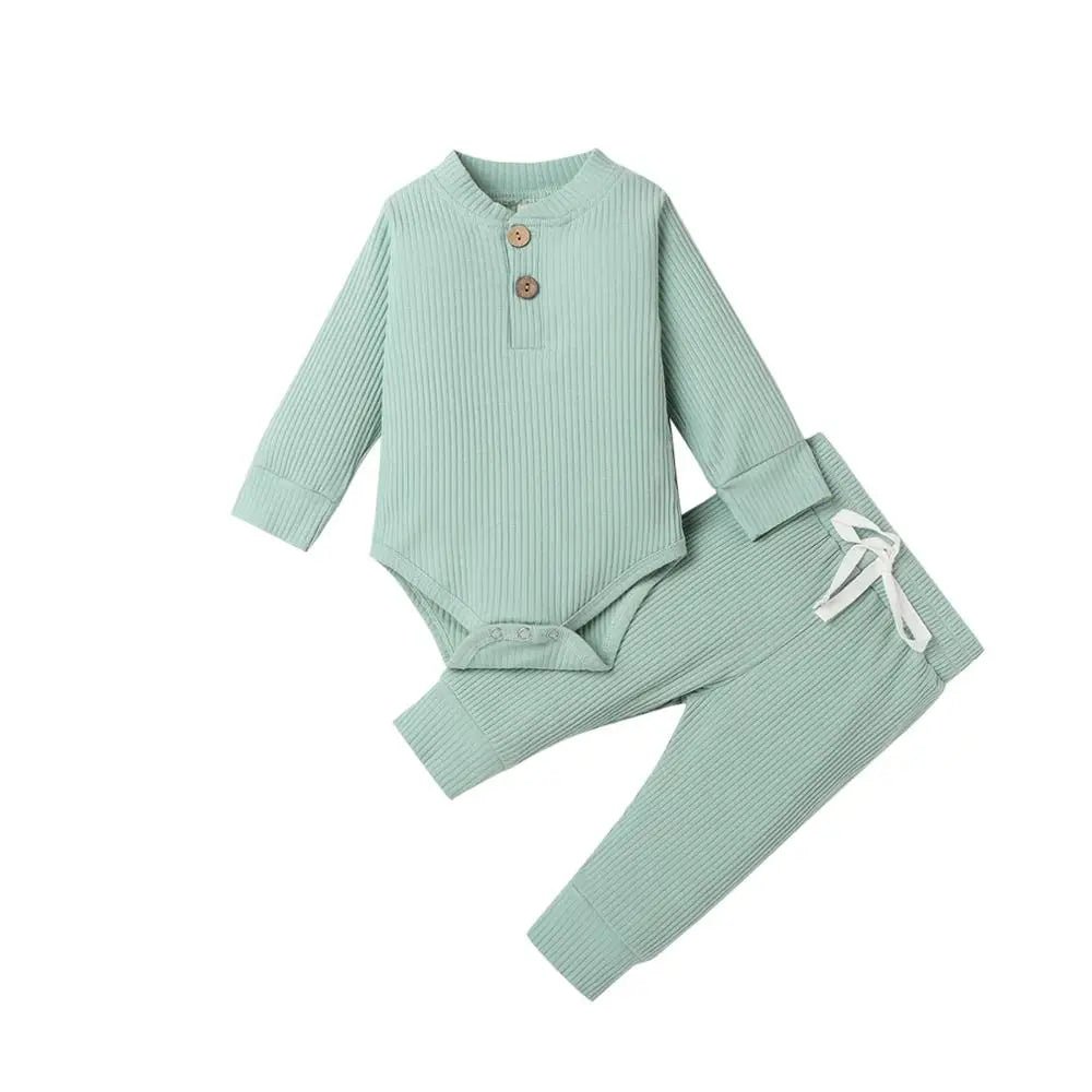 Adorable Infant Ribbed & Plaid 2-Piece Outfit Set for Boys & Girls - Long Sleeve Bodysuits with Elastic Pants for Spring & Autumn