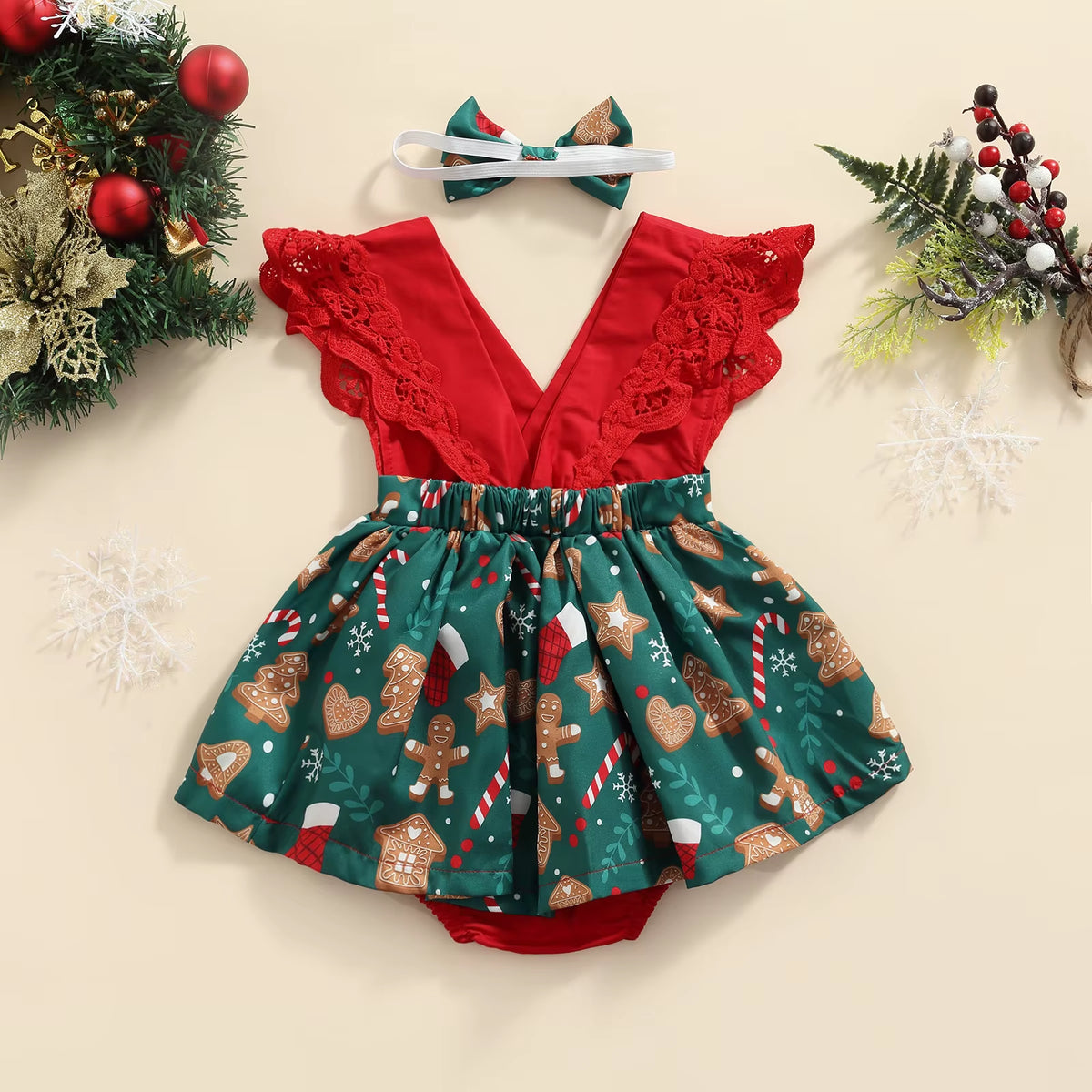 0-18M 1St Christmas Newborn Infant Baby Girls Romper Lace V Neck Jumpsuit Princess Baby Girl Xmas Clothing Costume D84
