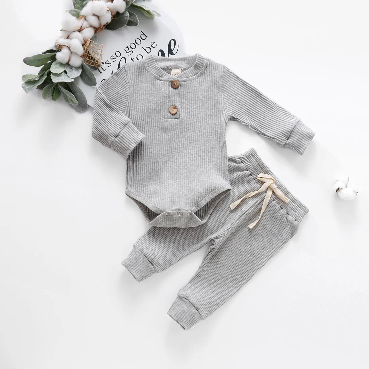 Adorable Infant Ribbed & Plaid 2-Piece Outfit Set for Boys & Girls - Long Sleeve Bodysuits with Elastic Pants for Spring & Autumn