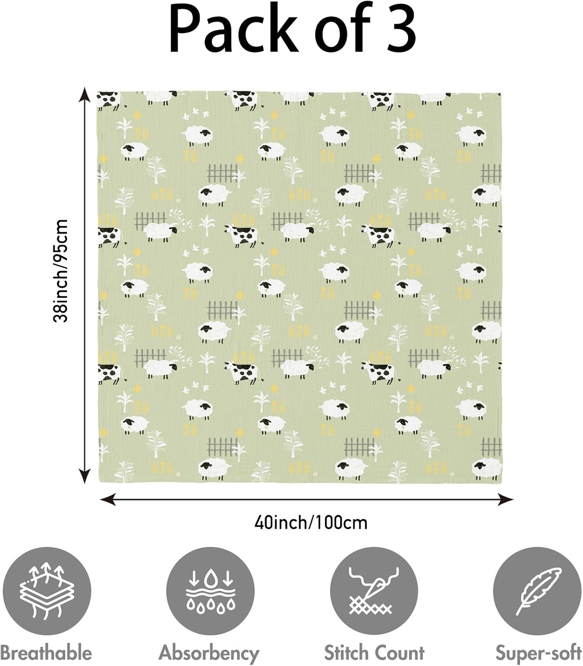 Muslin swaddle blankets, 3-pack, view 4