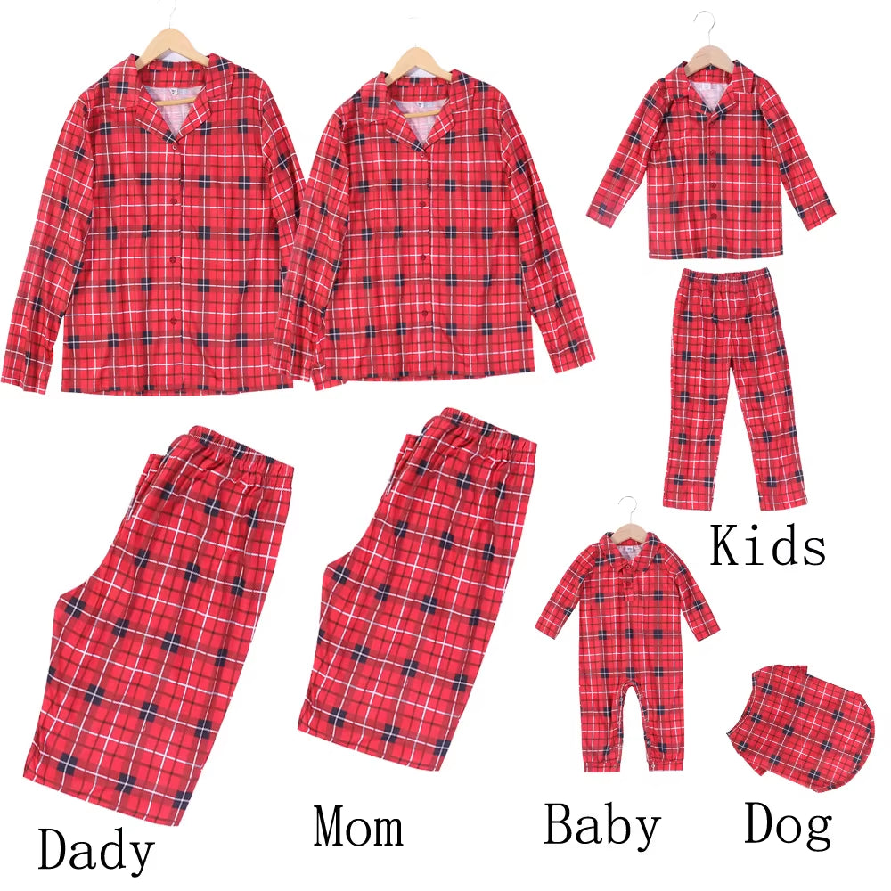 Matching family red plaid Christmas pajamas, view 3