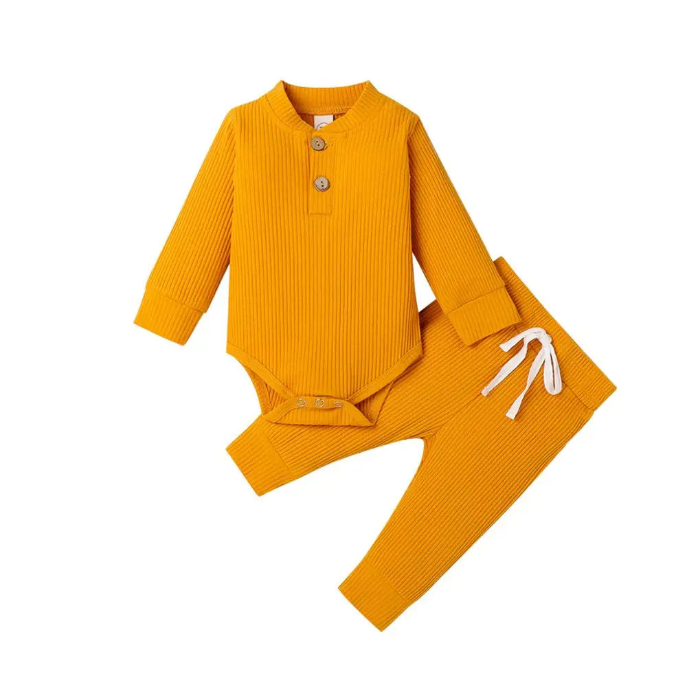 Adorable Infant Ribbed & Plaid 2-Piece Outfit Set for Boys & Girls - Long Sleeve Bodysuits with Elastic Pants for Spring & Autumn