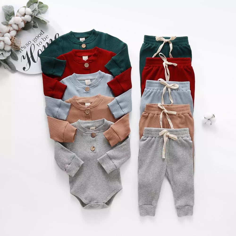 Adorable Infant Ribbed & Plaid 2-Piece Outfit Set for Boys & Girls - Long Sleeve Bodysuits with Elastic Pants for Spring & Autumn
