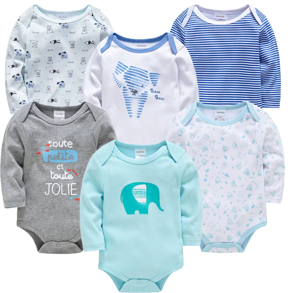 6-Piece Set of Long Sleeve 100% Cotton Bodysuits for Infants Aged 0-12 Months