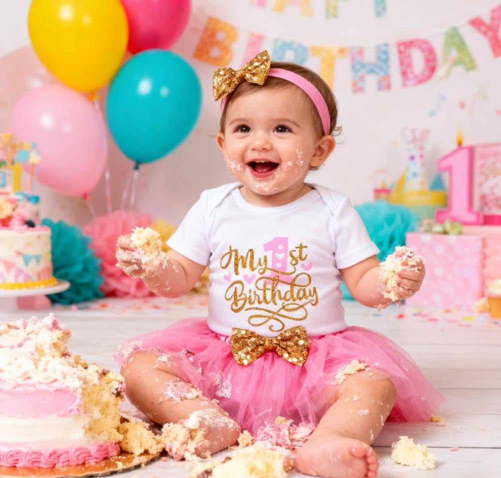 Adorable Toddler Girl's First Birthday Cake Smash Outfit Set - Romper, Tutu Skirt & Matching Headband