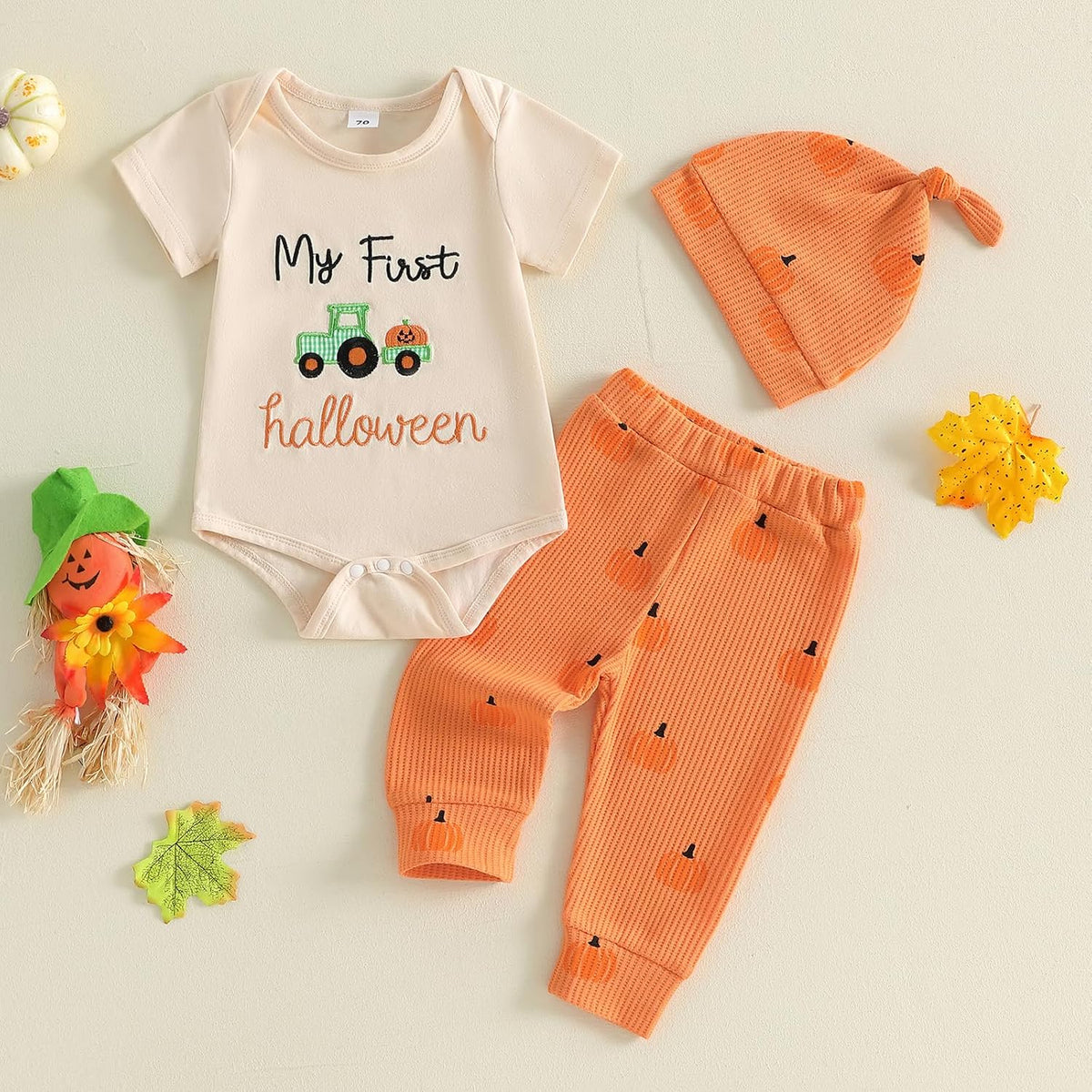 My First Halloween Baby Boy Outfit Short Sleeve Romper + Pumpkin Patch Pants + Hat Newborn Fall Clothes