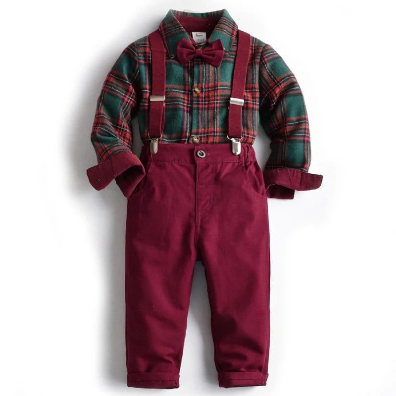 Boys plaid Christmas shirt, pants and suspender set