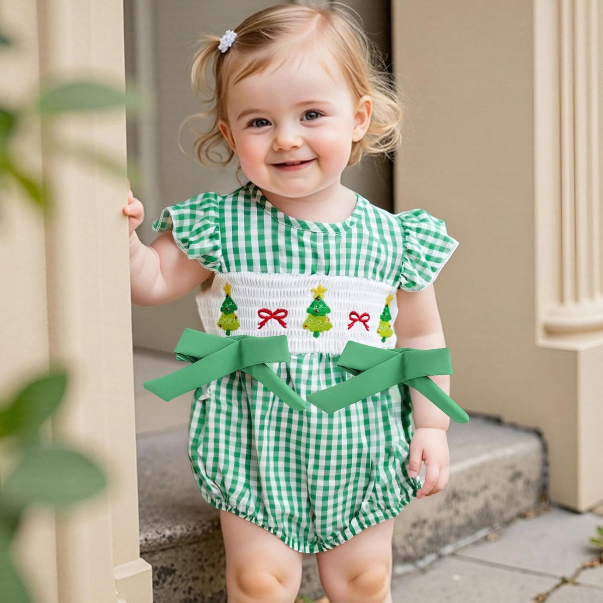 Newborn Girl Smocked Santa Romper Infant Baby Christmas Tree Embroidery Bubble Rompers Fly Sleeve Gingham Bodysuit