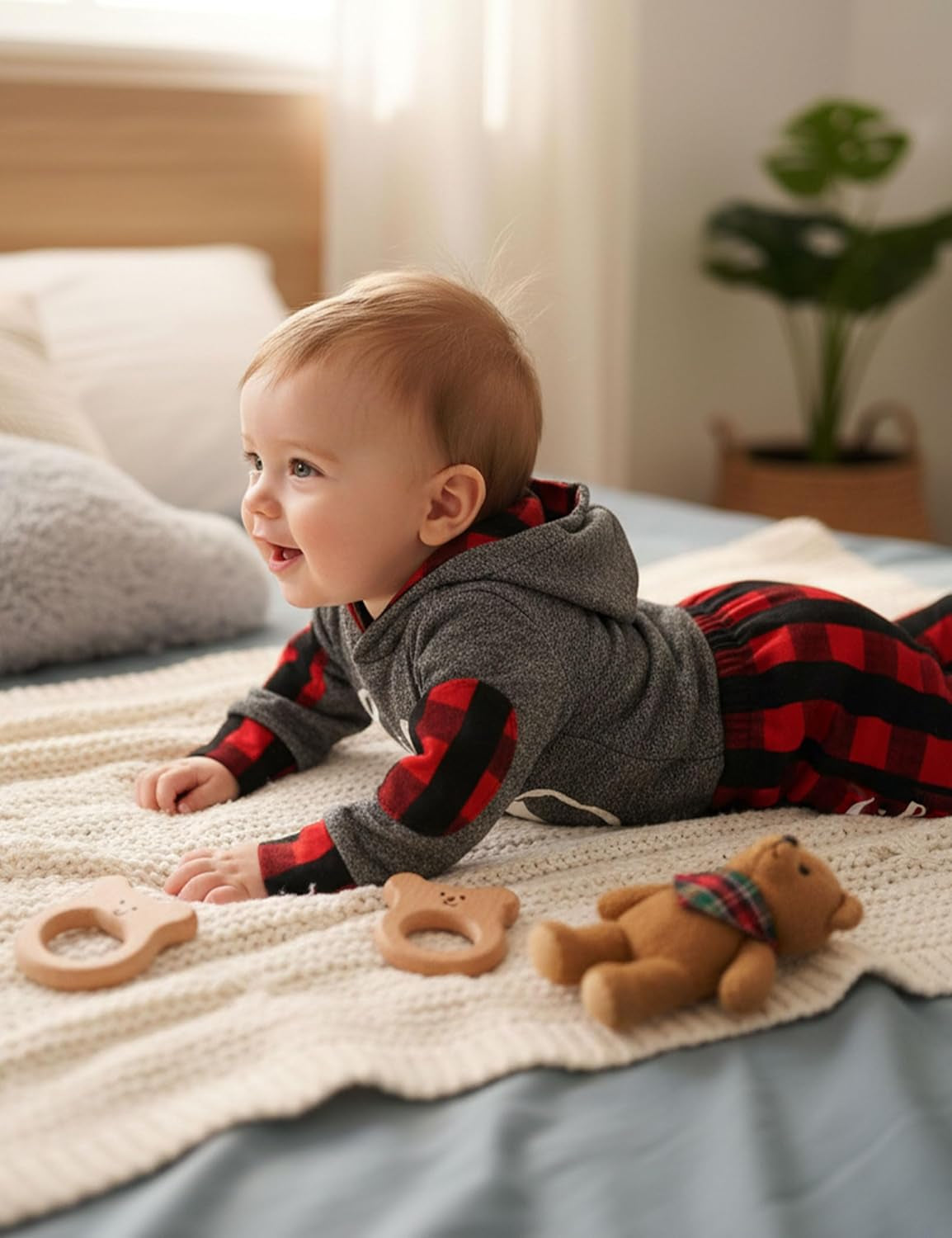 Adorable Newborn Baby Boy Plaid Hoodie & Pants Set - Cozy 2PCS Fall/Winter Outfit
