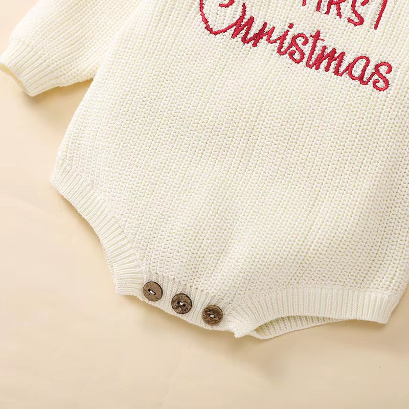 0-18M Newborn Baby Girl Boy Christmas Sweater Romper Letter Embroidery Long Sleeve Crew Neck Knit Bubble Jumpsuit
