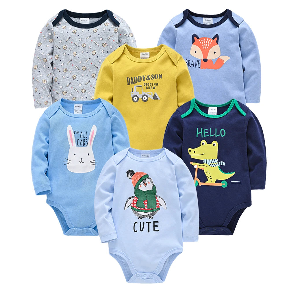 6-Piece Set of Long Sleeve 100% Cotton Bodysuits for Infants Aged 0-12 Months