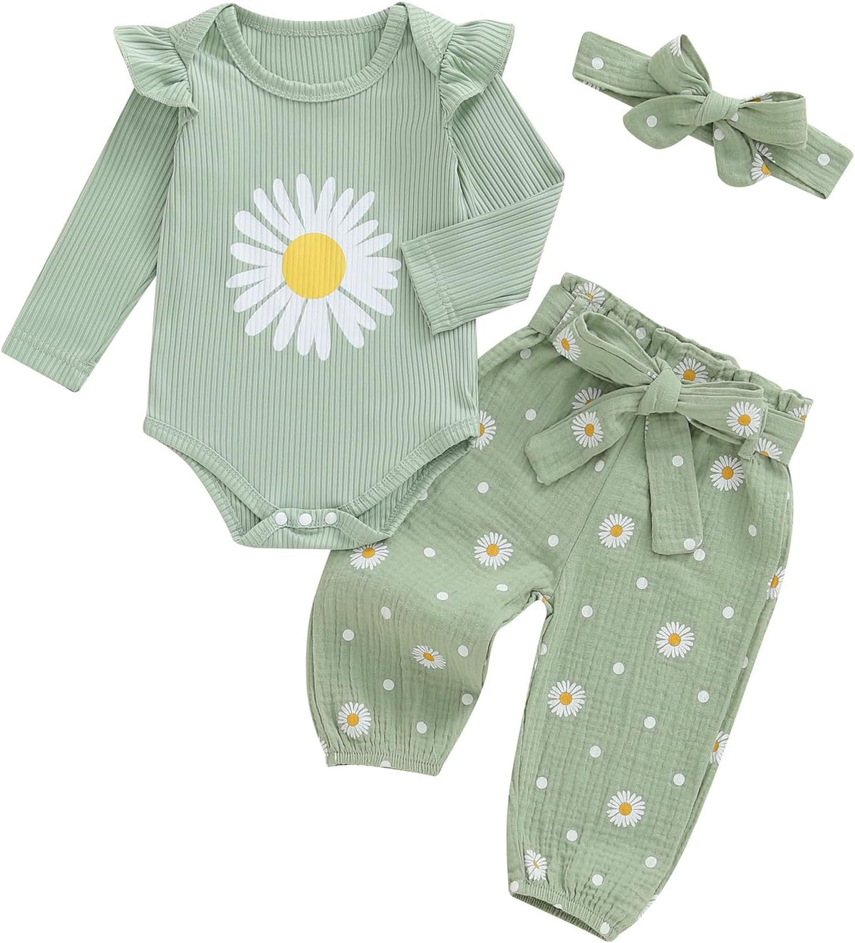 Newborn Infant Girl Clothes Rib Knit Romper Daisy Print Pants Headband Baby Clothes for Girls 0 3 6 12 18 24 Months