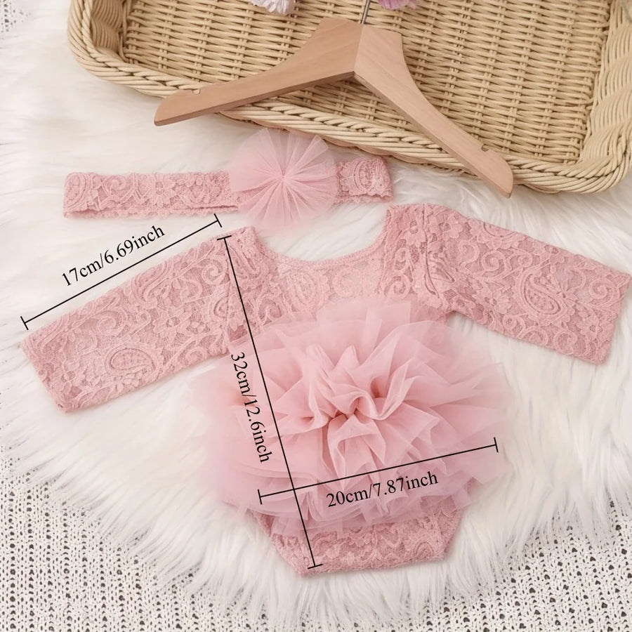 Adorable Lace Flower Headband and Bodysuit Set for Newborns - Perfect for 100th Day Photoshoots and Baby Shower Gifts!