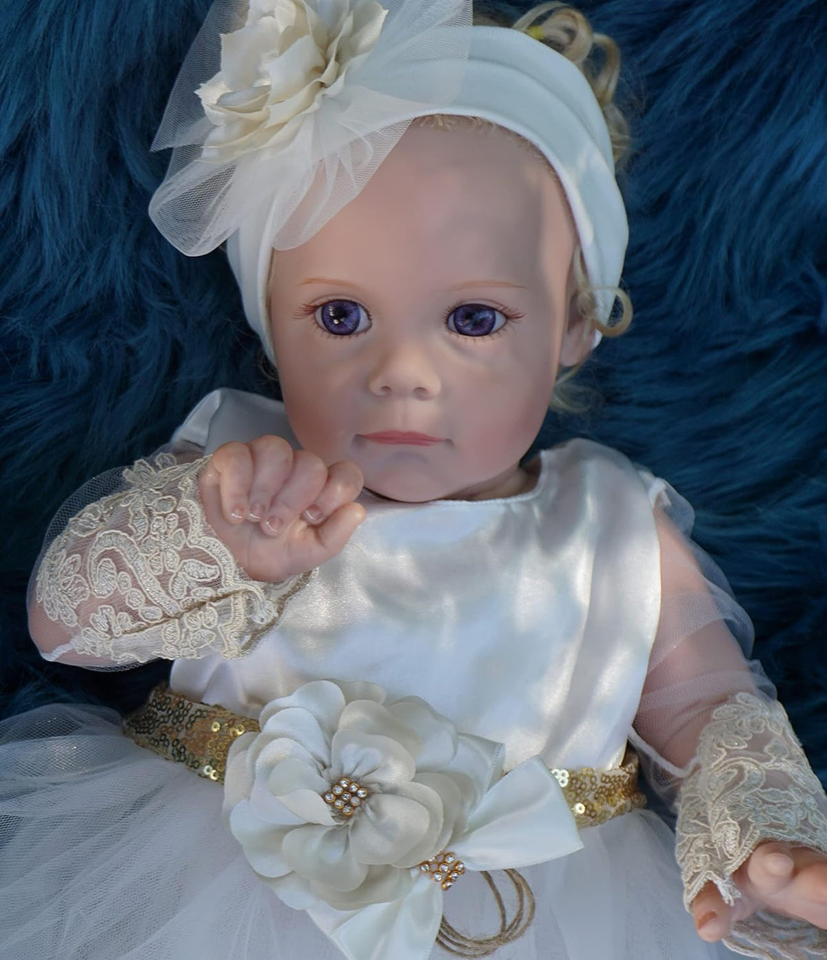 Adorable Newborn Baby Girl Lace Dress Set - 4-Piece Outfit for Special Occasions with Gift Box (0 Months, White & Gold)