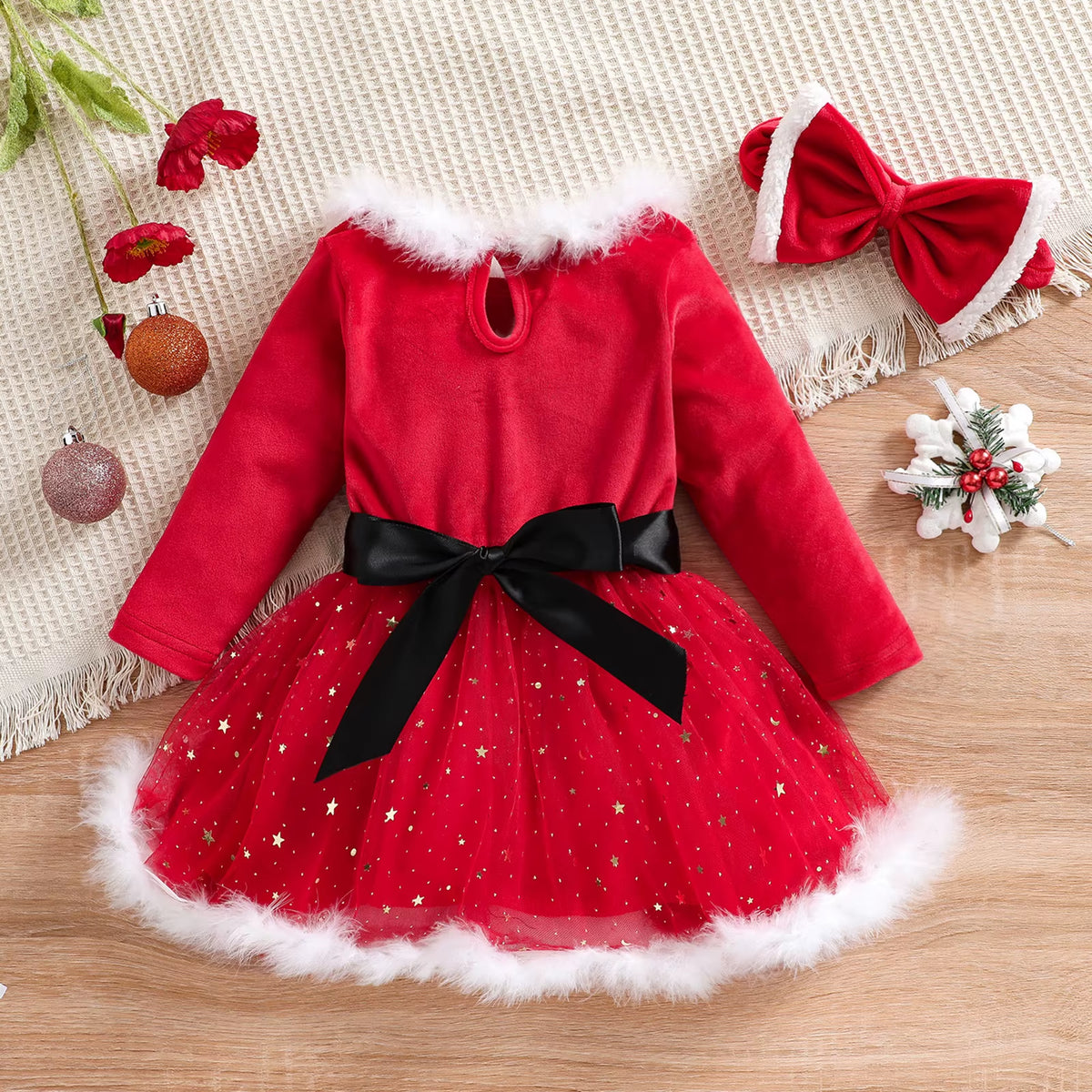 Red Christmas princess dress with headband for toddler girls, view 6