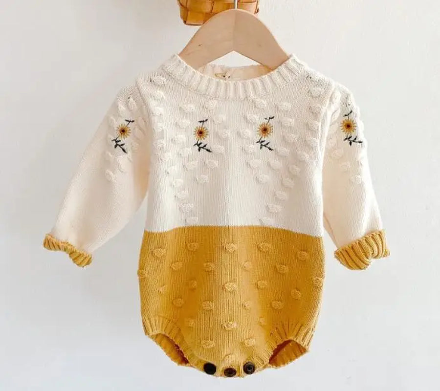 Charming Hollow Out Long Sleeve Knit Romper for Baby Girls - Perfect for Spring and Autumn