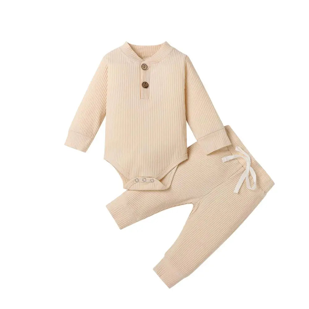 Adorable Infant Ribbed & Plaid 2-Piece Outfit Set for Boys & Girls - Long Sleeve Bodysuits with Elastic Pants for Spring & Autumn