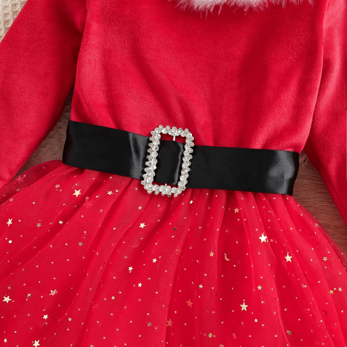 Red Christmas princess dress with headband for toddler girls, view 4