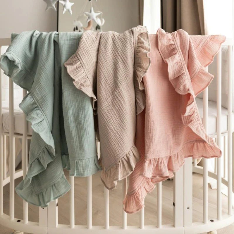 Organic Cotton Newborn Muslin Swaddle Blankets - Ruffled Gauze Baby Wraps and Bedding Accessories