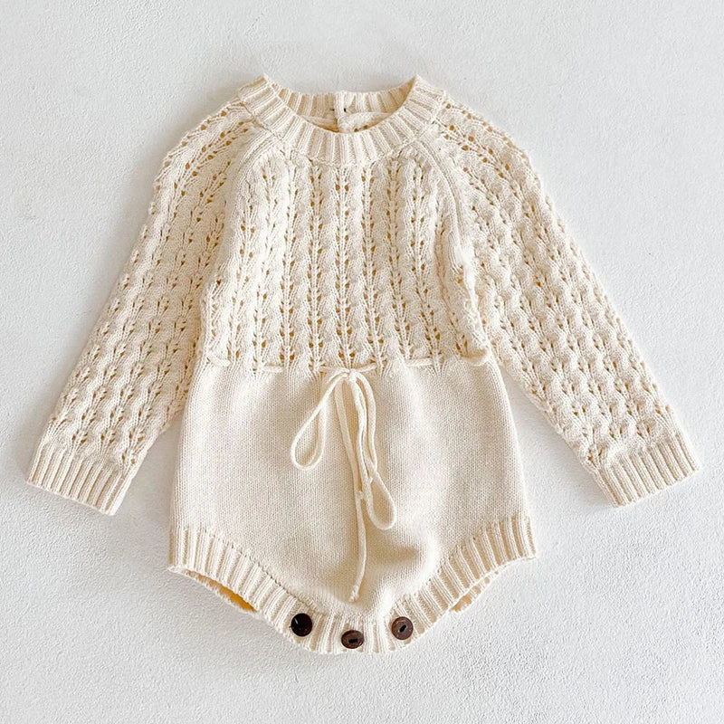 Charming Hollow Out Long Sleeve Knit Romper for Baby Girls - Perfect for Spring and Autumn