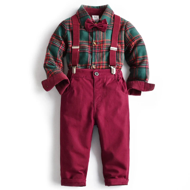 Boys plaid Christmas shirt, pants and suspender set, view 2