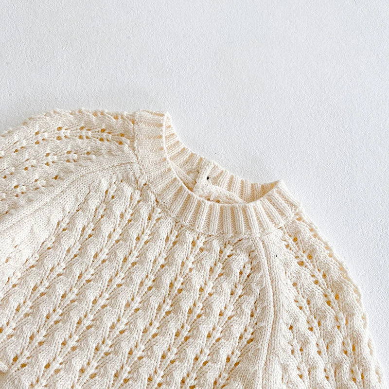Charming Hollow Out Long Sleeve Knit Romper for Baby Girls - Perfect for Spring and Autumn