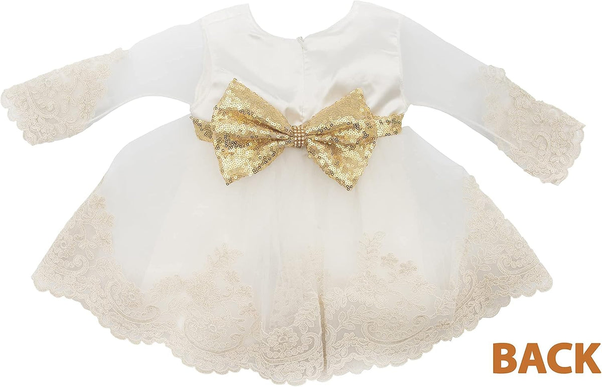 Adorable Newborn Baby Girl Lace Dress Set - 4-Piece Outfit for Special Occasions with Gift Box (0 Months, White & Gold)