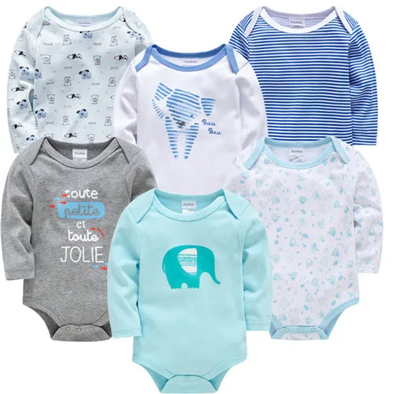 6-Piece Set of Long Sleeve 100% Cotton Bodysuits for Infants Aged 0-12 Months