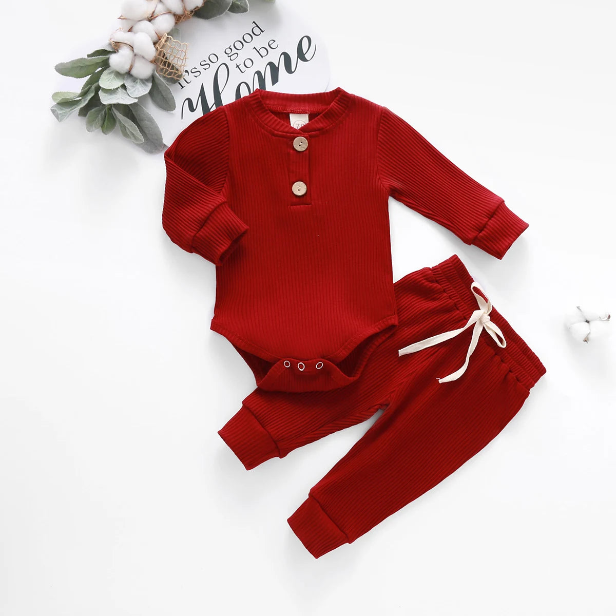 Adorable Infant Ribbed & Plaid 2-Piece Outfit Set for Boys & Girls - Long Sleeve Bodysuits with Elastic Pants for Spring & Autumn
