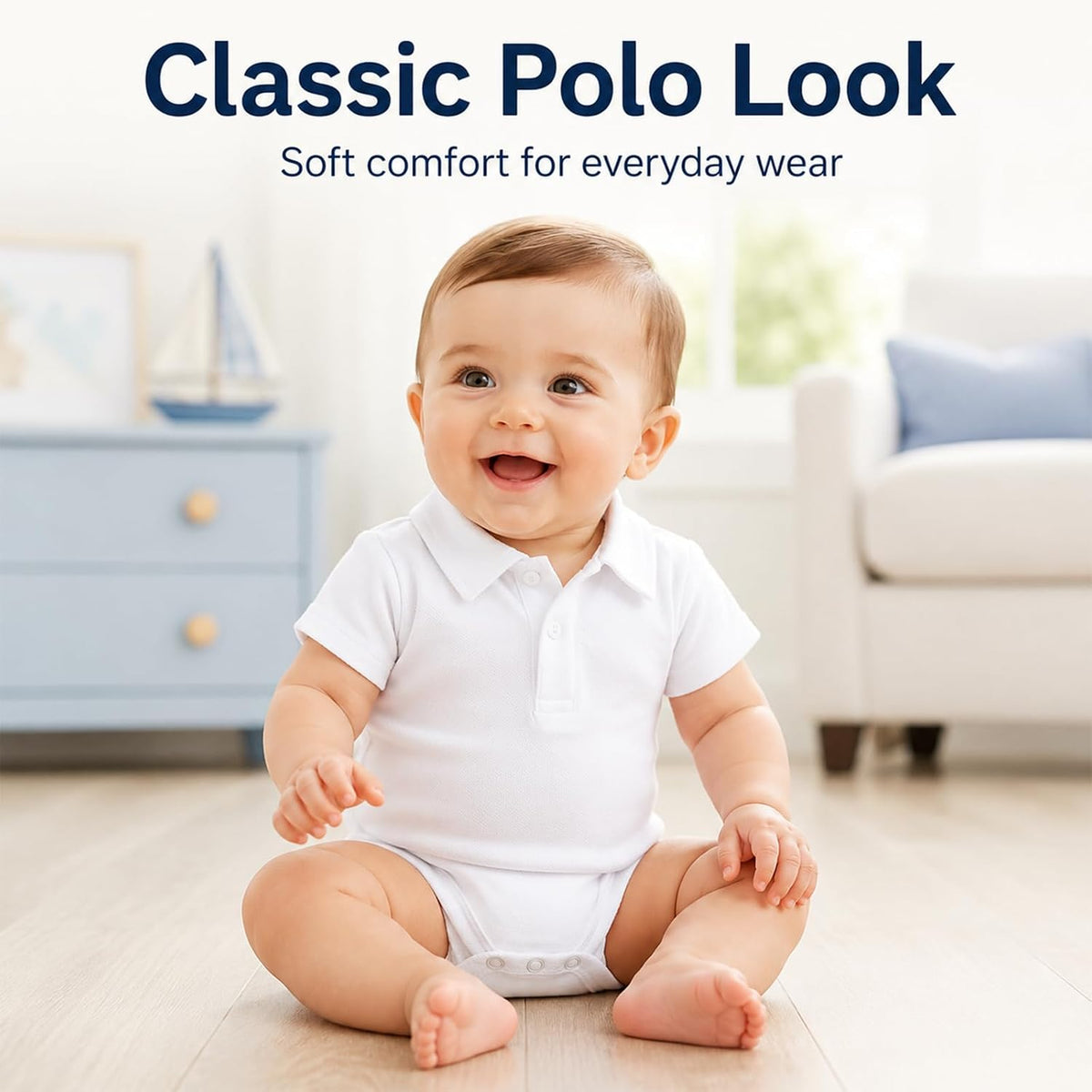 Baby Boy Polo Bodysuit, Cotton Pique One-Piece, 0-24M