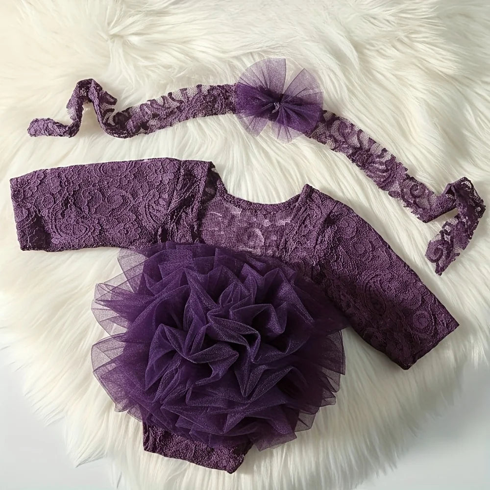 Adorable Lace Flower Headband and Bodysuit Set for Newborns - Perfect for 100th Day Photoshoots and Baby Shower Gifts!