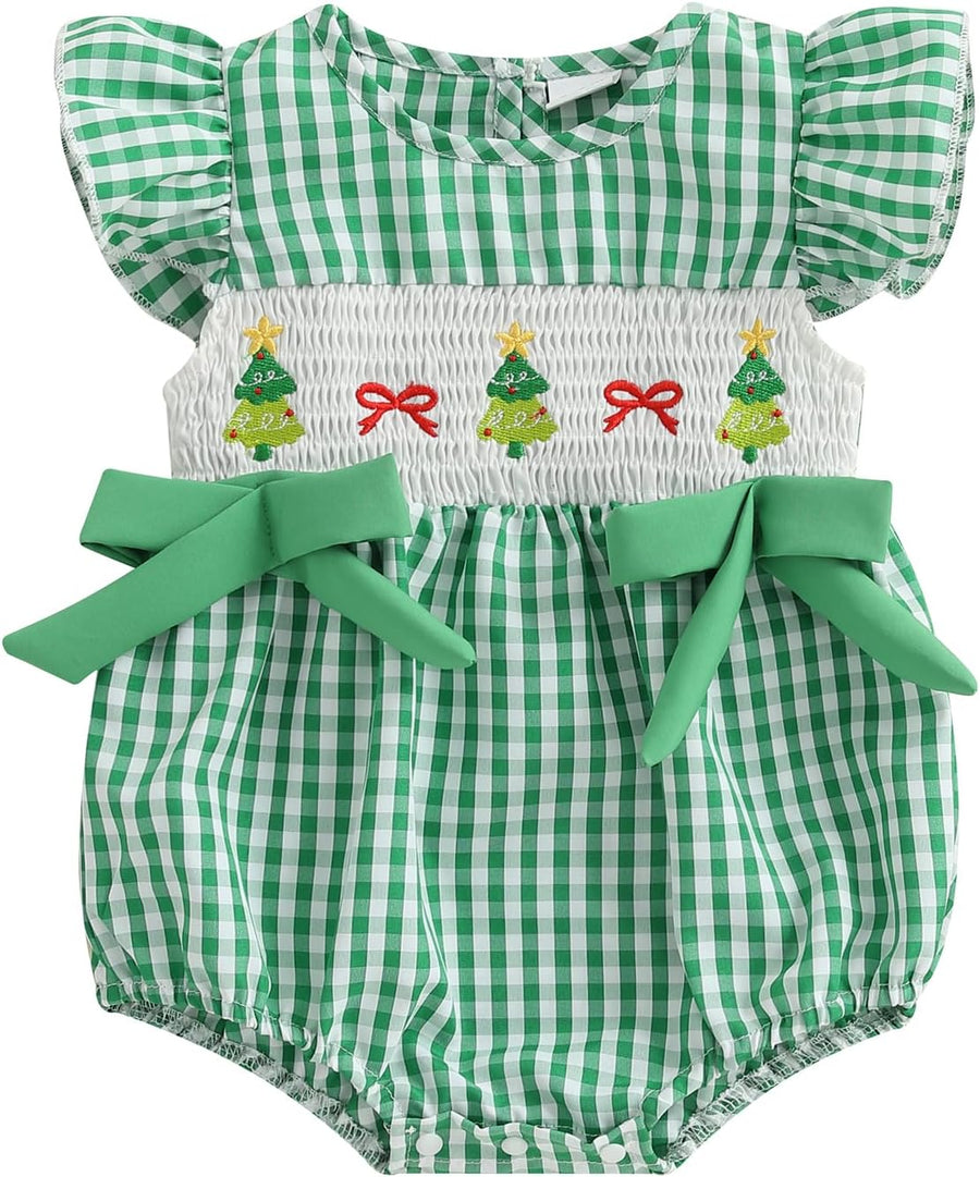 Newborn Girl Smocked Santa Romper Infant Baby Christmas Tree Embroidery Bubble Rompers Fly Sleeve Gingham Bodysuit