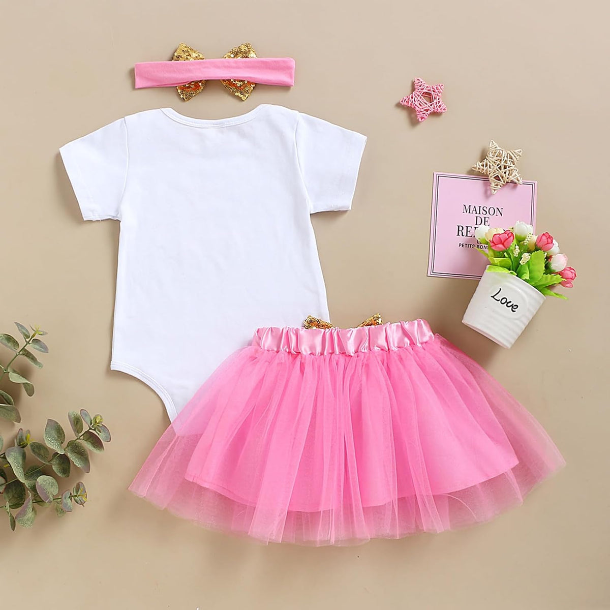 Adorable Toddler Girl's First Birthday Cake Smash Outfit Set - Romper, Tutu Skirt & Matching Headband