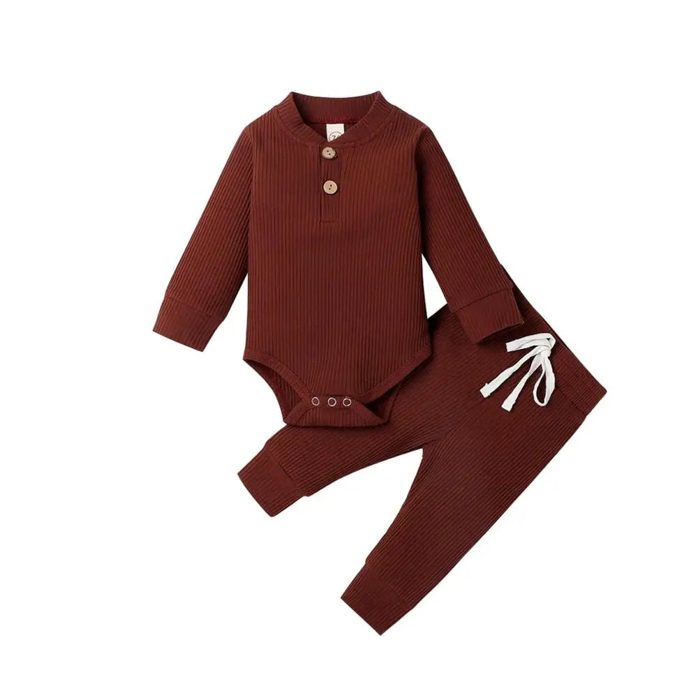 Adorable Infant Ribbed & Plaid 2-Piece Outfit Set for Boys & Girls - Long Sleeve Bodysuits with Elastic Pants for Spring & Autumn