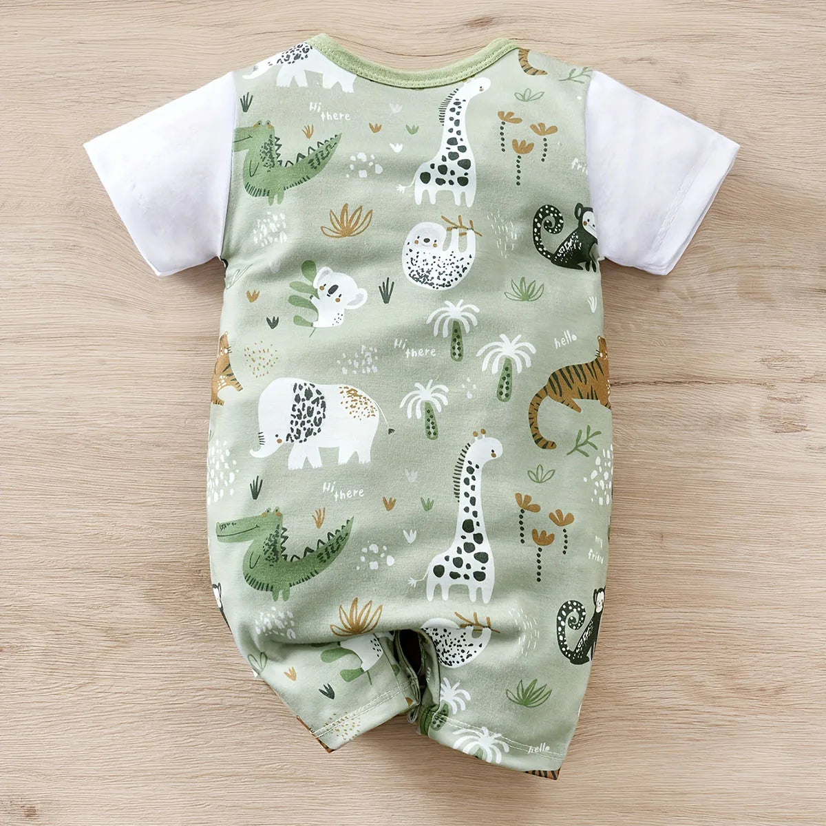 Adorable Infant Zoo Animal Print Romper for Boys - Stylish Newborn Faux Two-Piece Bodysuit with Short Sleeves for Playtime Fun