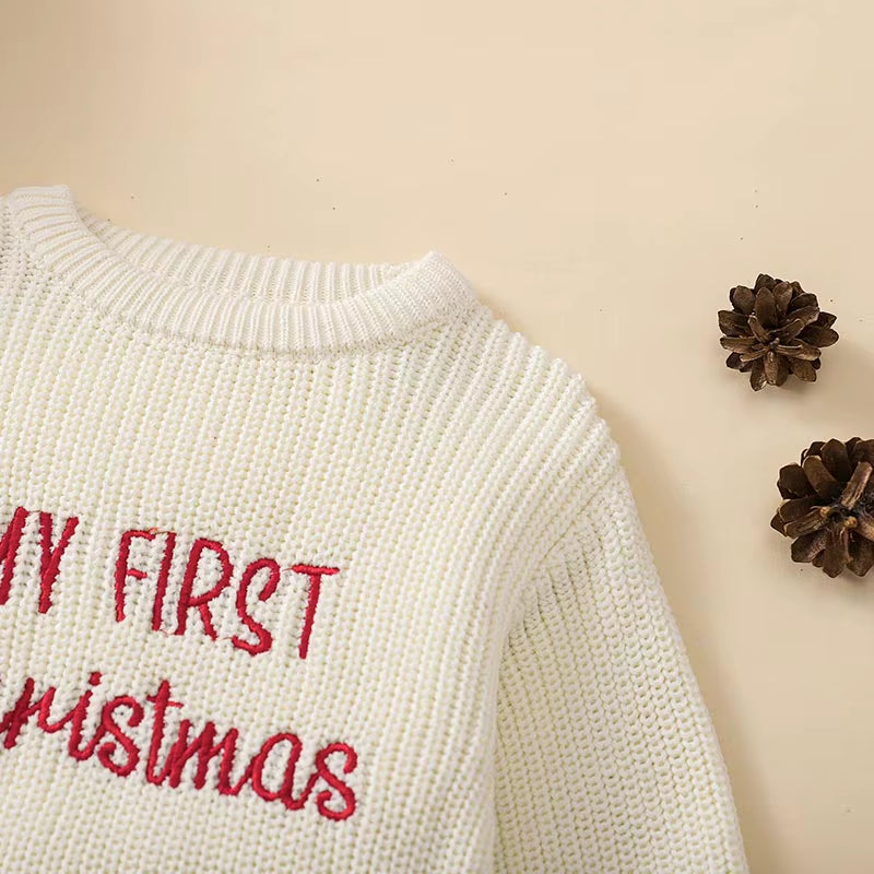 0-18M Newborn Baby Girl Boy Christmas Sweater Romper Letter Embroidery Long Sleeve Crew Neck Knit Bubble Jumpsuit