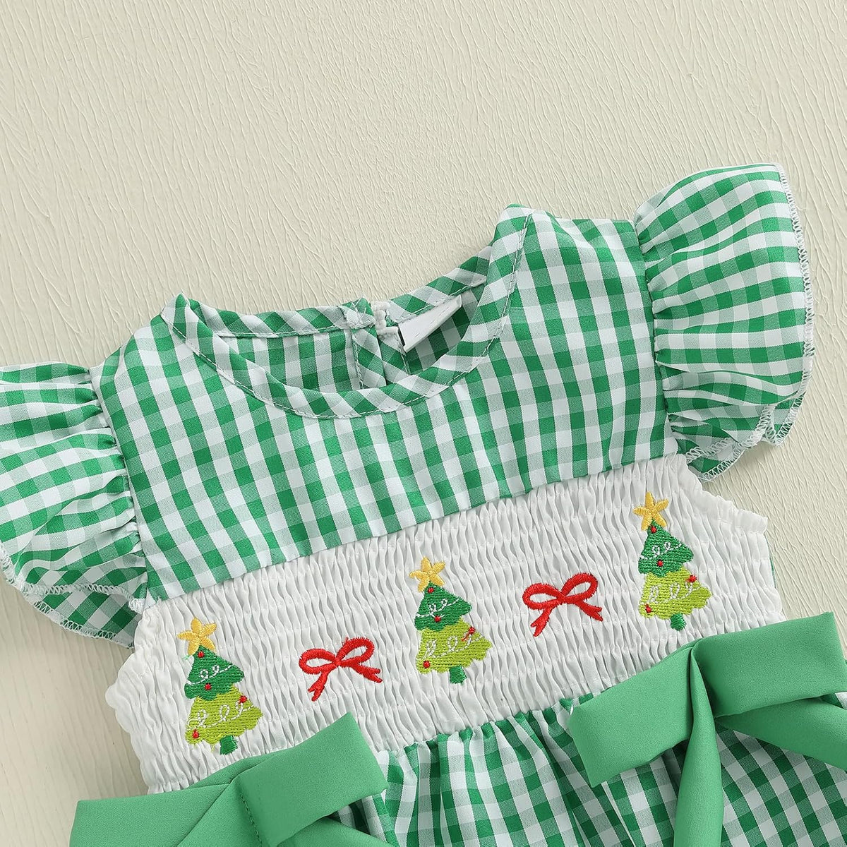 Newborn Girl Smocked Santa Romper Infant Baby Christmas Tree Embroidery Bubble Rompers Fly Sleeve Gingham Bodysuit